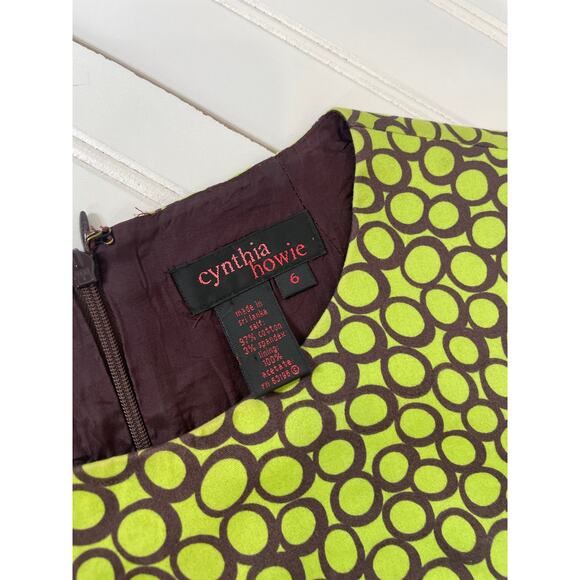 Cynthia Howie Green Circle Print Cinched Sleeveless Midi Sheath Dress Size 6 - Picture 6 of 6